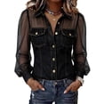 thumbnail image 3 of KLHDSF Denim Shirt Women Button Down Mesh Long Sleeve Jean Shirts Chambray Pearl Snap Shirt, Trendy Spliced Jean Tops, Chest Pockets, Daily Wear Black L, 3 of 7