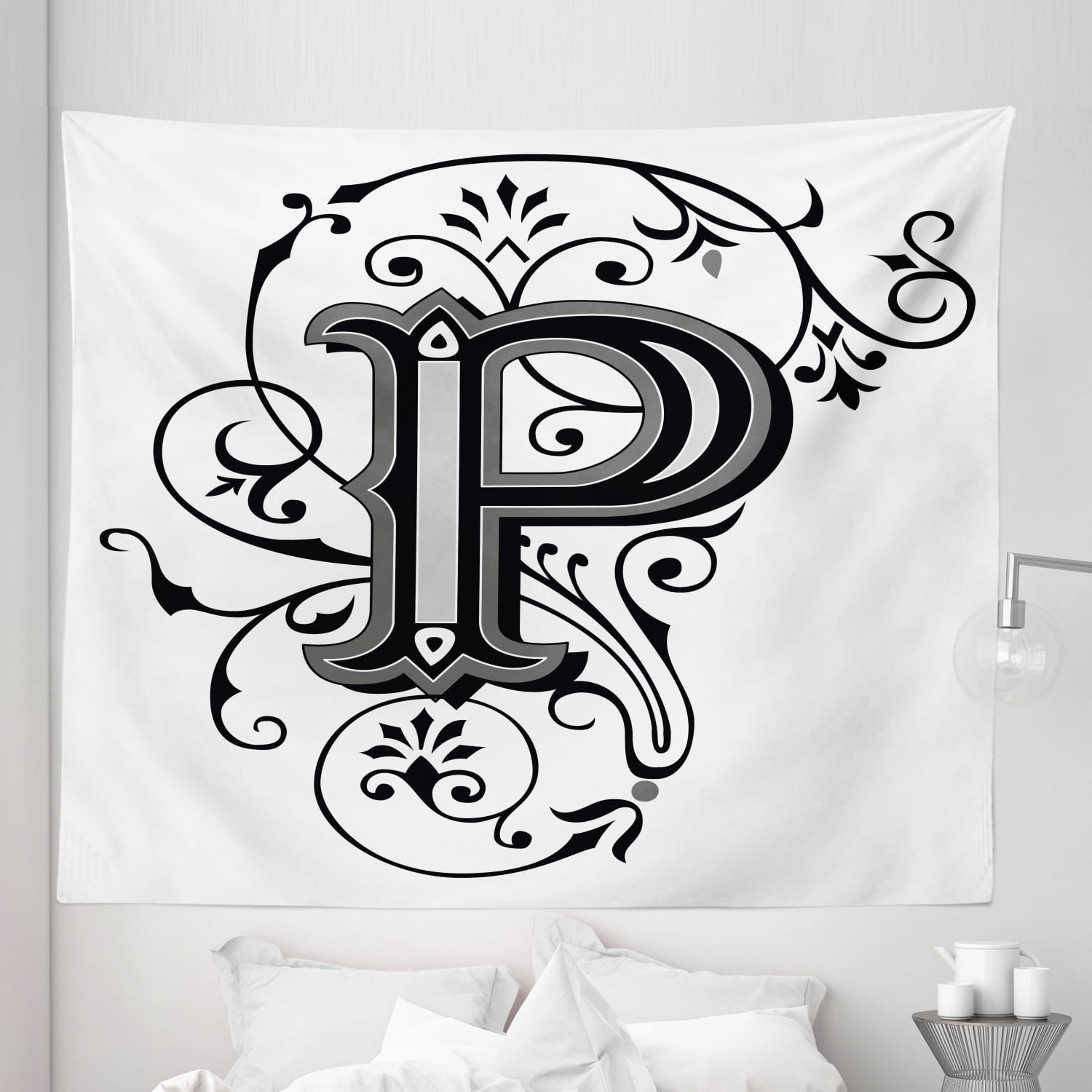 Letter P Tapestry, Floral Swirls Essence Blooms Letters Baroque ...