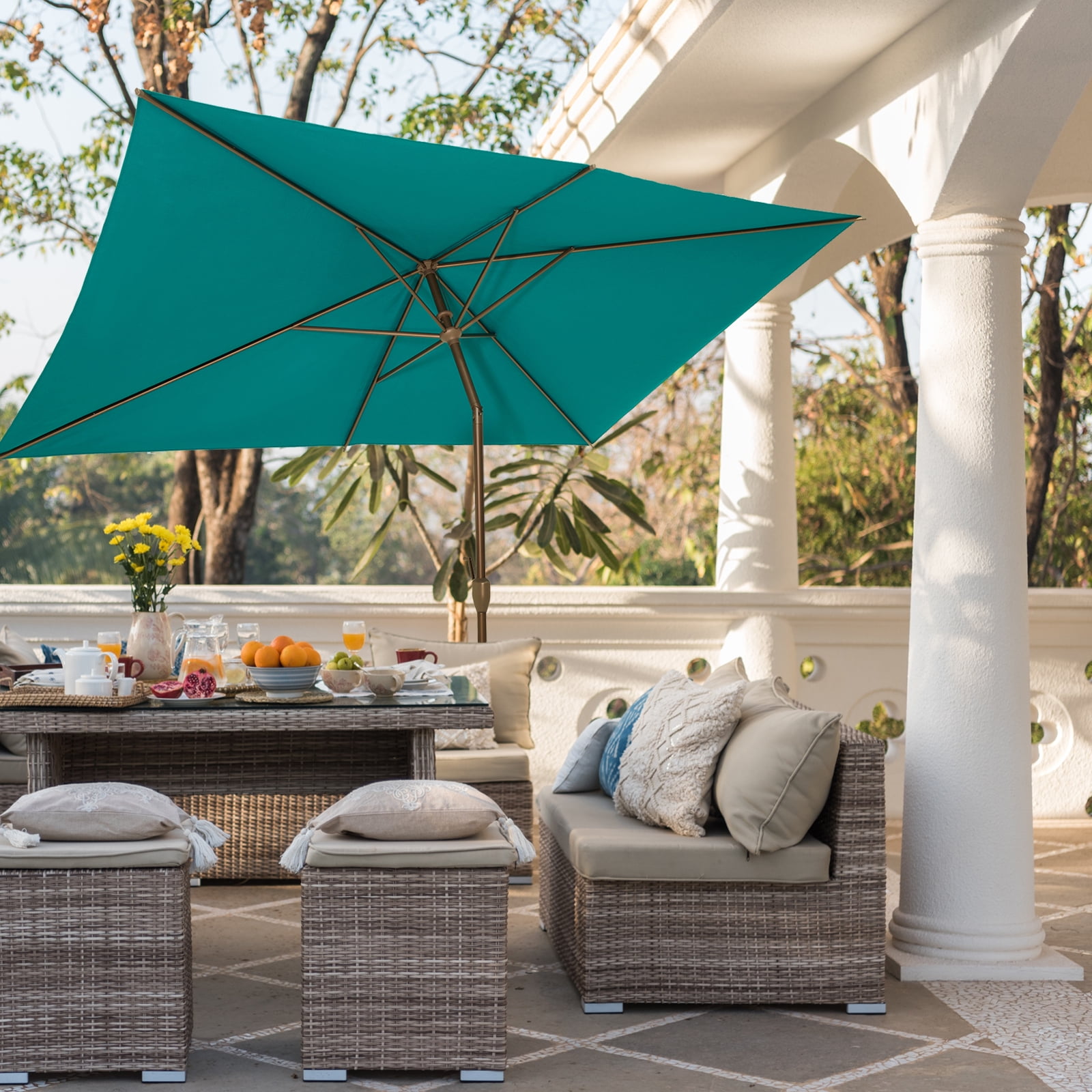 Bibana 6.5x10ft Patio Umbrella Rectangular Outdoor Table Umbrella with Crank & Push Button Tilt for Terrace, Backyard, Garden, Courtyard, Swimming Pool, Lawn (Turquoise)