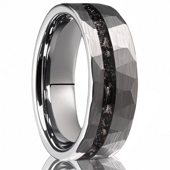 8mm Wide Tungsten Carbide Hammered Ring with Crushed Natural Stone Inlay