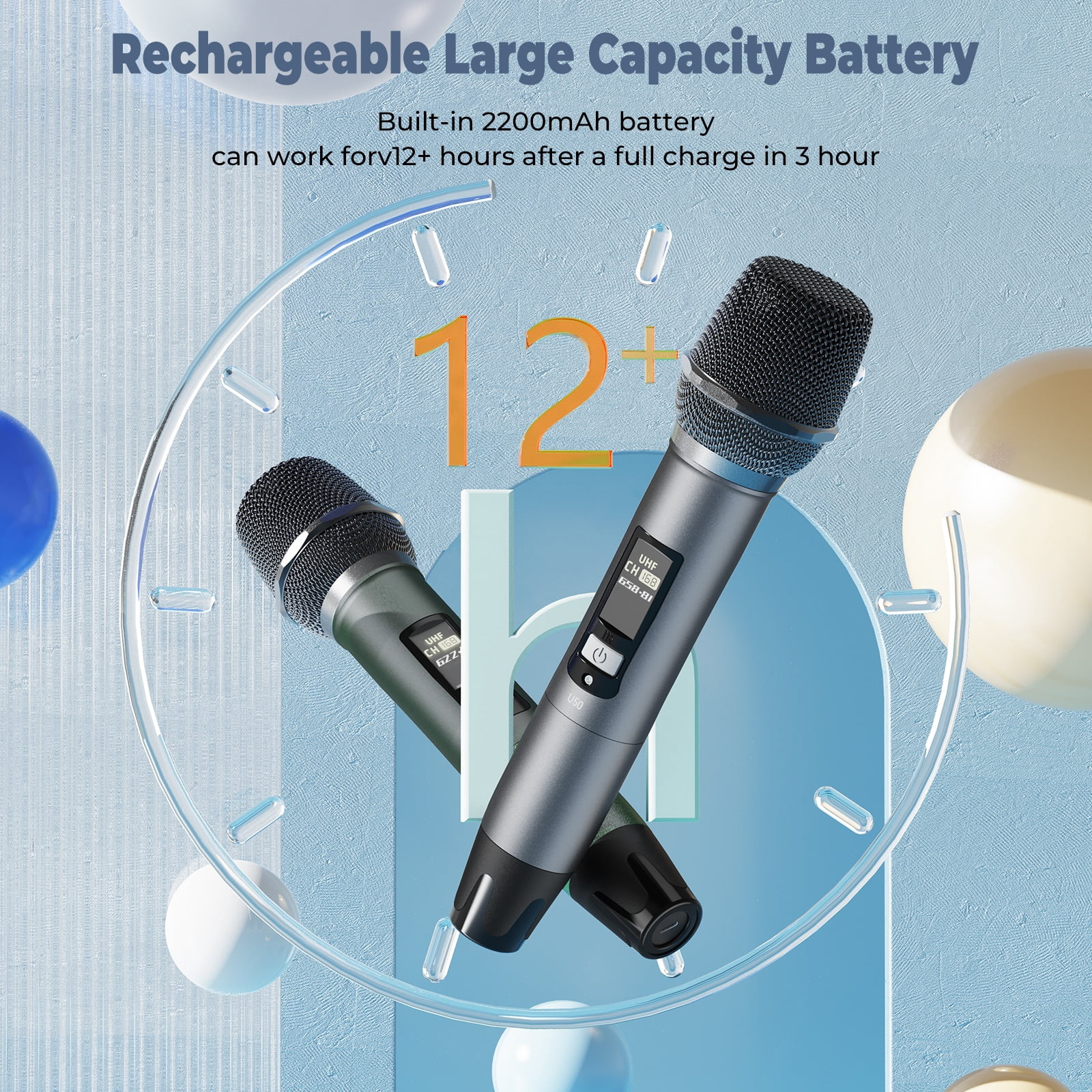 JYX Dual Wireless Microphones, Handheld Dynamic Microphone Battery Operated with Rechargeable Receiver, Professional Karaoke Microphone Set