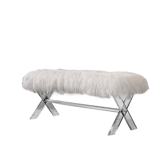 Vanity Bench with White Faux Fur and Crossed Clear Acrylic Legs