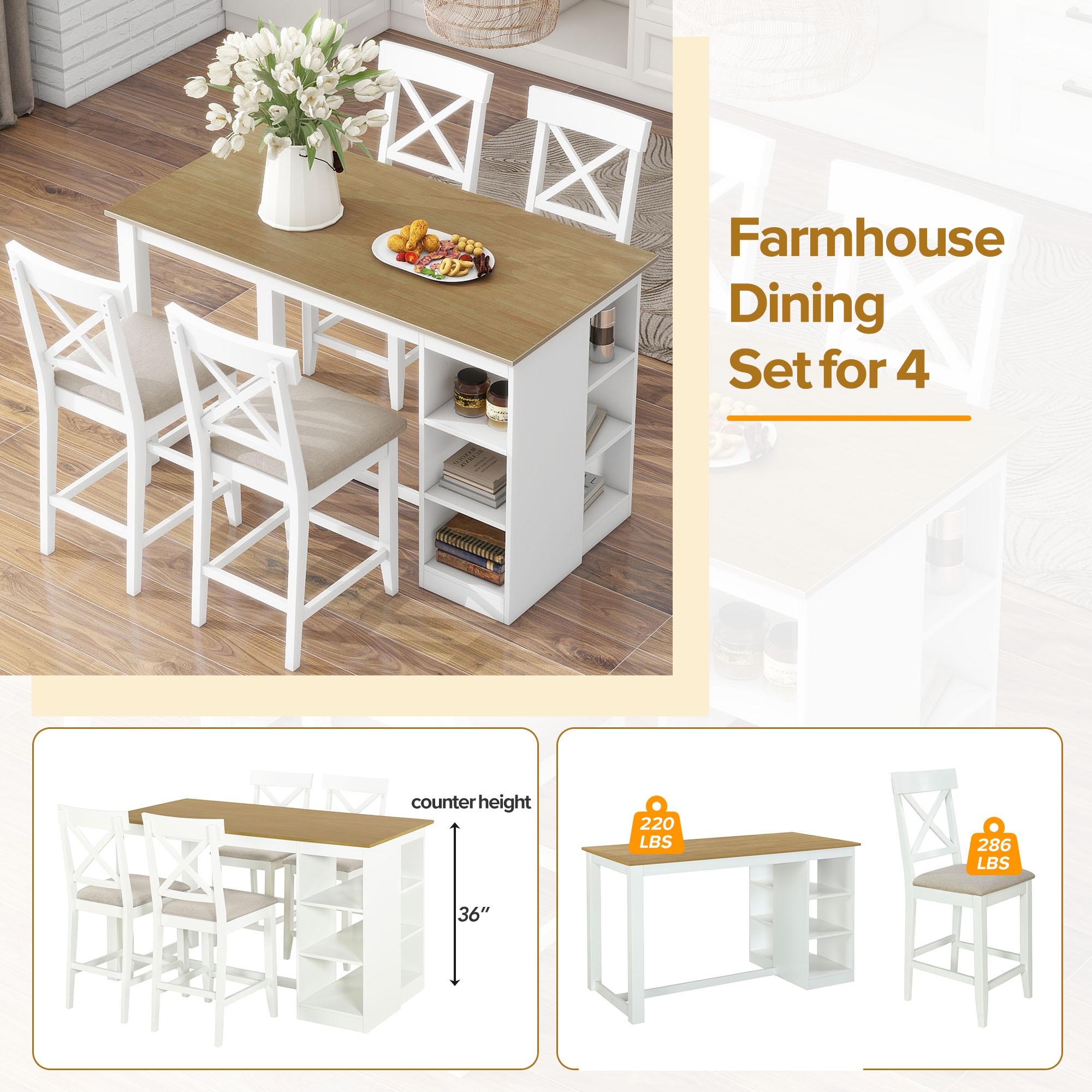 PORKISS 5 Piece Dining Table Set, Solid Wood Dining Table with 3-tier Storage Shelves, 4 Upholstered Chairs for Dining Room Kitchen Apartment, White