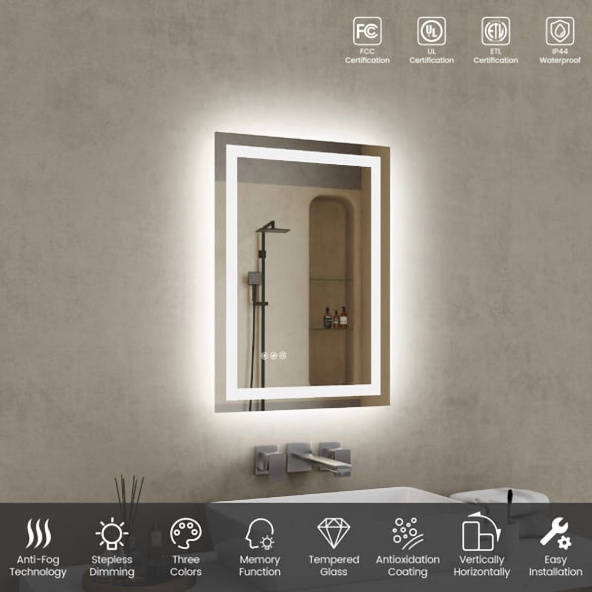 20"x28" LED Bathroom Mirror - Front/Back Lit Vanity Mirror with 3 Color Temp, Anti-Fog & Dimmable Memory Function for Modern Bathrooms