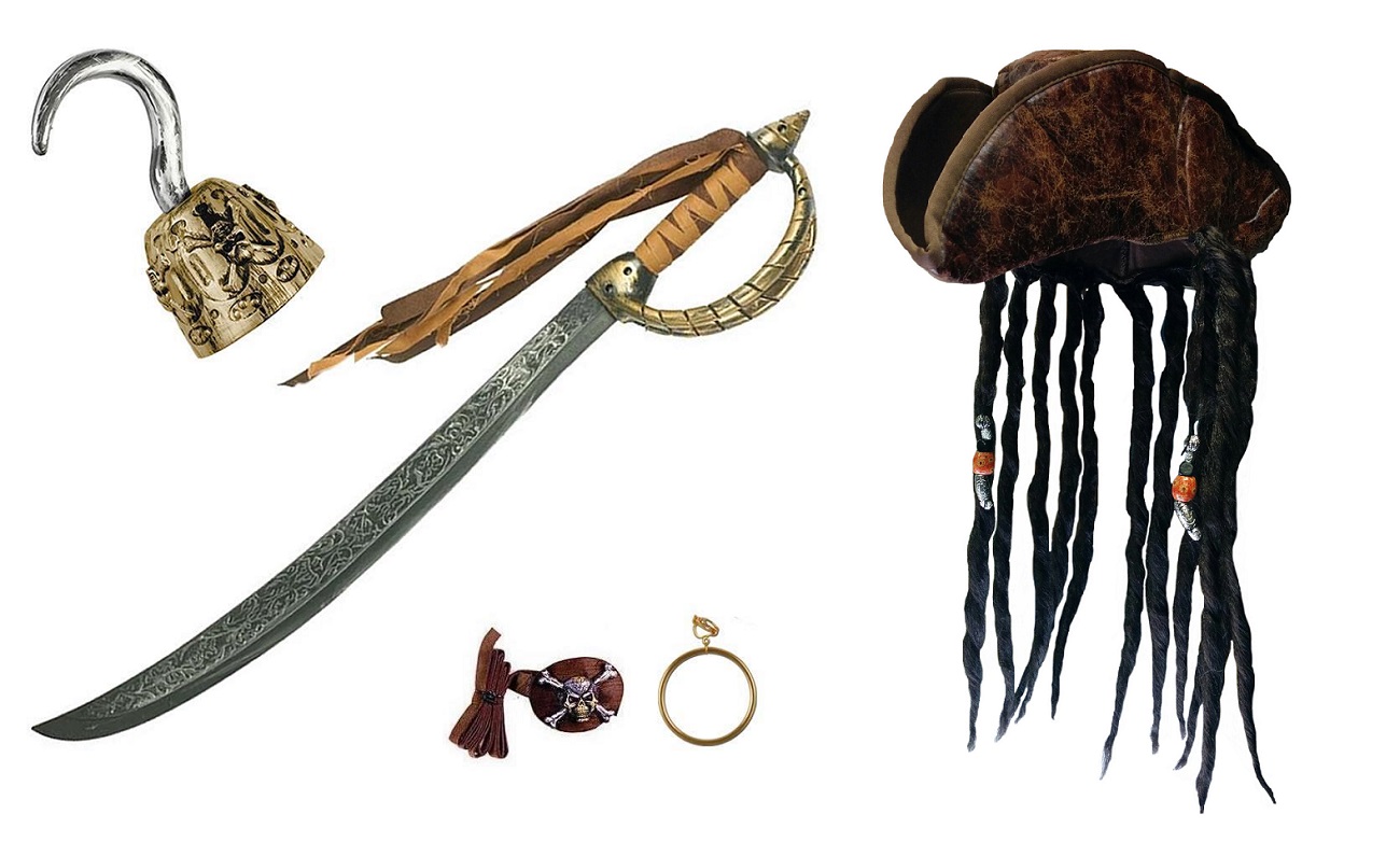 Details about / Pirate Hook Eye Patch Earring Adult Child Toy Sword Costume Accessory Set Kit