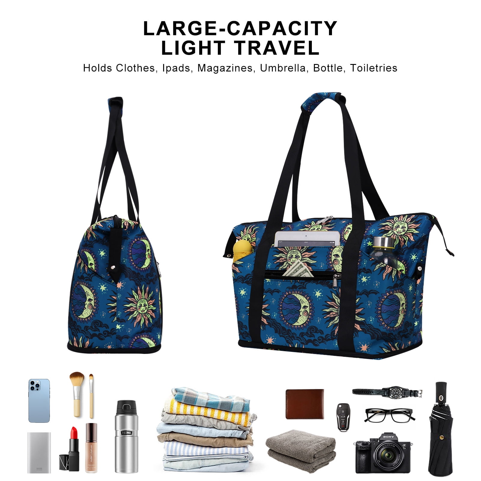 HAWEE Expandable Duffel Bag for Women with Trolley Sleeve and Wet Pocket Water Repellent Weekender Travel Tote Large Capacity Carry On Overnight Luggage for Gym/ Trip/ Camping/ Beach, Sun and Moon