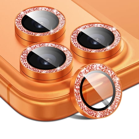 Bling Glitter Camera Lens Protector for iPhone 17 Pro Max, 9H Tempered Glass Camera Cover Screen Protector Metal Ring Decoration Accessories,Orange