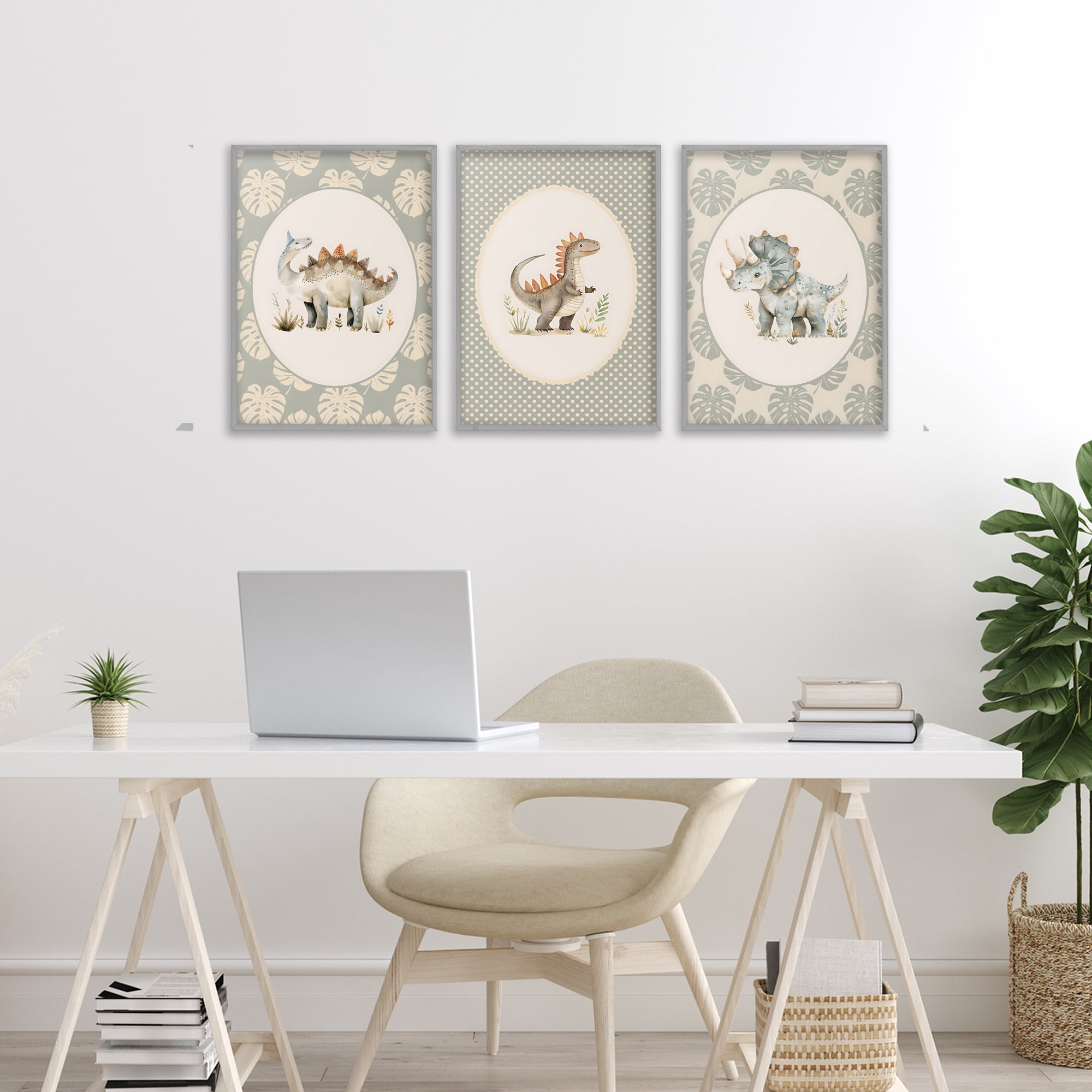 Stupell Industries Nursery Dinosaurs Tropical Border 3 Piece Gray Framed Giclee Art Set, design by LSR Design Studio