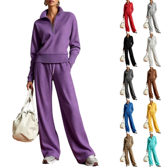 Dweltoz 2 Piece Lounge Sets for Women Long Sleeve Half Zip Tops Matching Elastic Waist Wide Leg Pants Casual Baseball Knit Loungewear,Khaki M