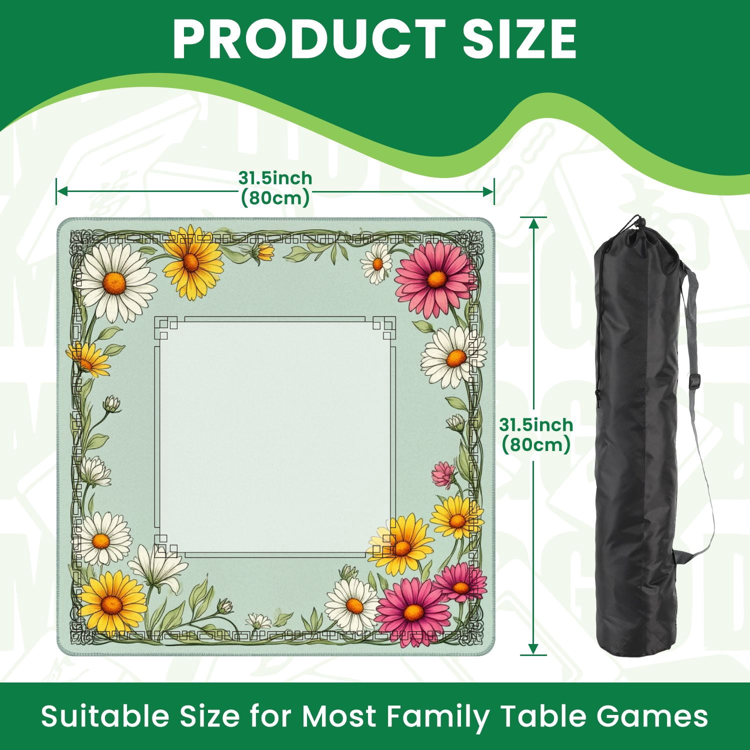 Mahjong Mat 31.5" x 31.5" Floral Border Daisies Sunflowers Soft Pastel Colors Non-Slip Noise Reduction American Mahjong Tiles Table Cover for Dominoes Poker Card Board Games Gift