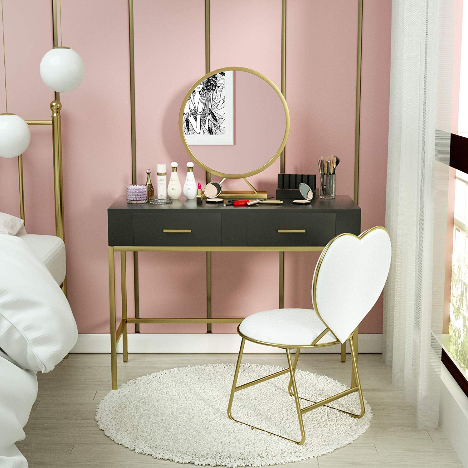  MVTEX Vanity Dressing Table Set Luxury Makeup Bench with 3  Colors Led Hd Mirror,Comfortable Stool Drawers Cabinet,Modern Simple  Style,for Girl's Gift (Size : 100cm) : Home & Kitchen