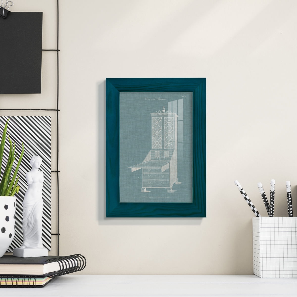 Hepplewhite Desk & Bookcase II - Framed Print w/glass - Ocean Blue