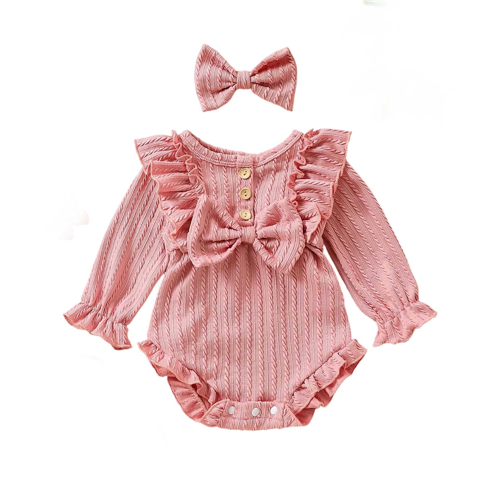 SGMVNU 2-pack Baby Girls Clothes Ruffle Bowknot Bodysuits with Bow Hairband Long Sleeve Button Romper Jumpsuits Outfits Age 3-6 Months, Set C
