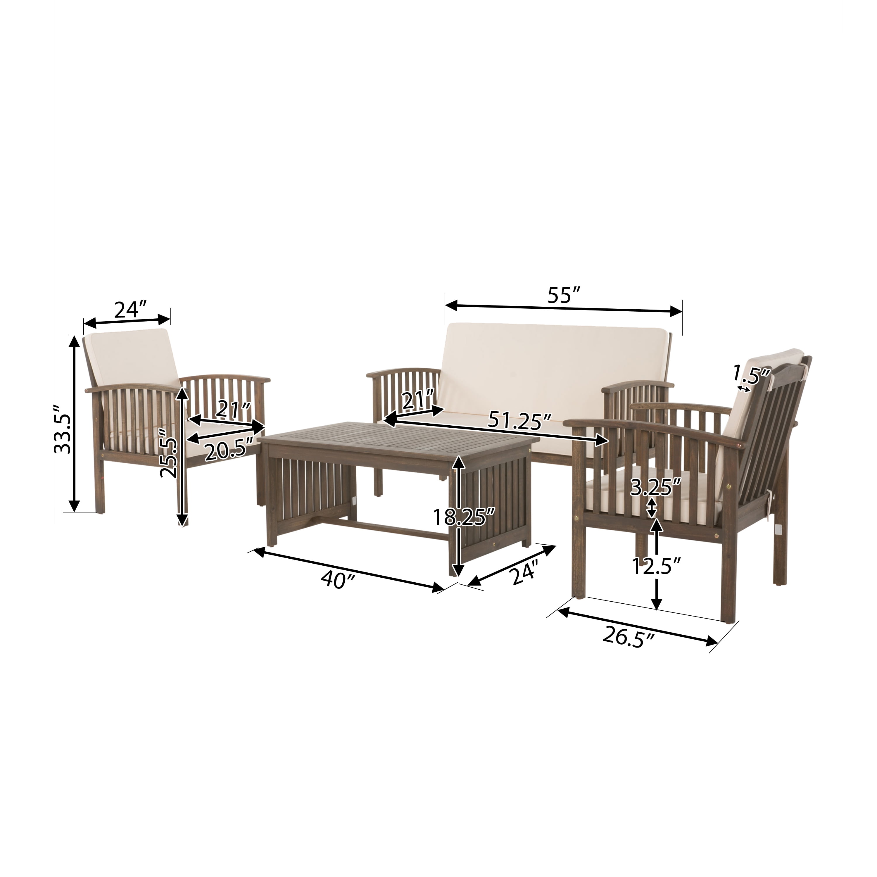 Outdoor 4 Piece Conversation Furniture Set, Acacia Wood Combined Leisure Seats for Patio Garden, Gray