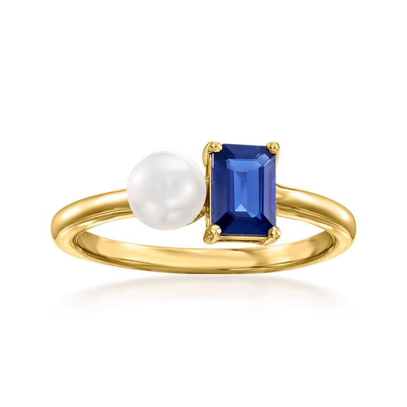 Ross-Simons 5mm Cultured Pearl and .50 Carat Sapphire Toi Et Moi Ring in 14kt Yellow Gold, Women's, Adult