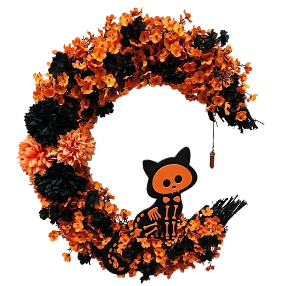 15.7" Artificial Halloween Skeleton Cat Moon Wreath, Orange Black Floral Crescent Decor for Front Door, Porch & Wall, Plastic & Fabric