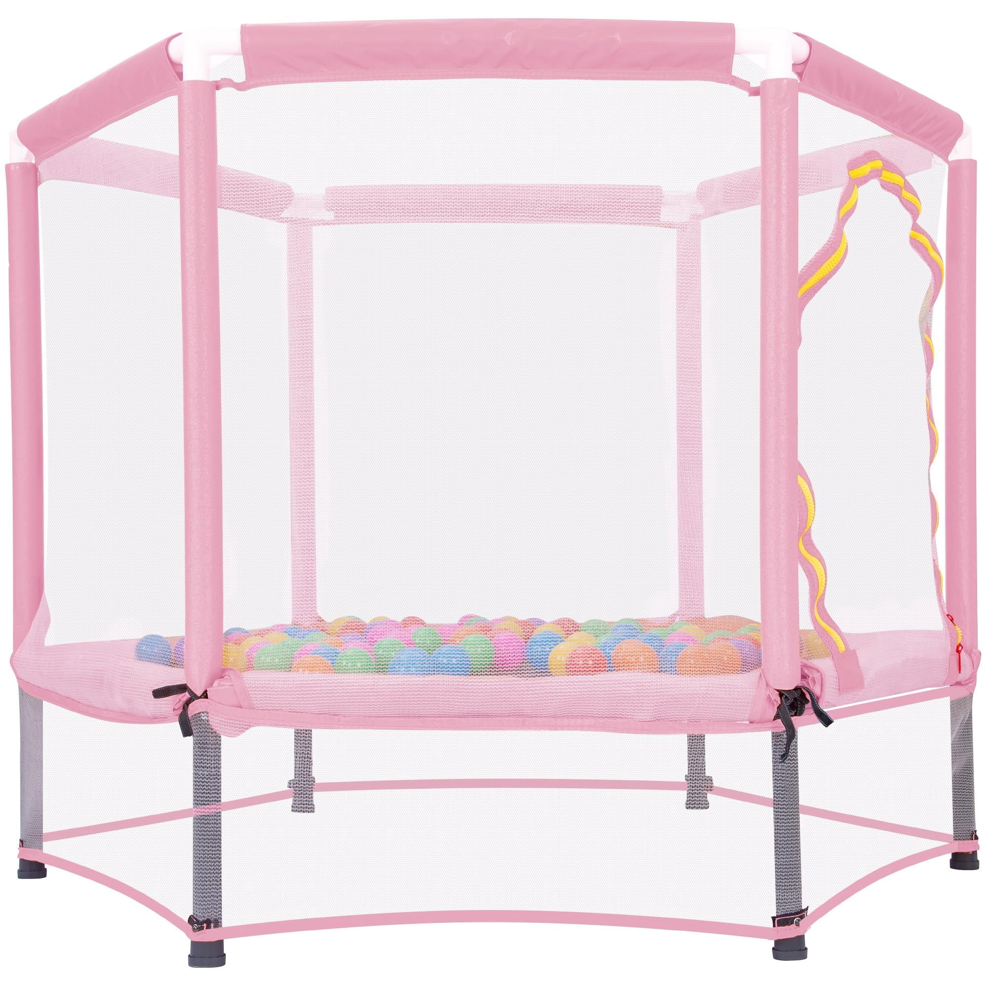 55'' Mini Toddler Trampoline, Small Trampoline for Kids with Enclosure Net, Round Indoor Outdoor Trampoline w/Balls as Gift for Boy & Girl Christmas, Halloween, Birthday Toy, Pink