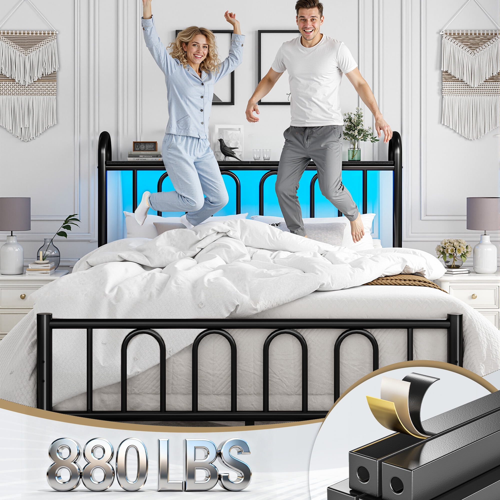 EnHomee Queen Size Metal Platform Bed Frame with Headboard Metal Bed Frame with LED Lights Queen Bed Frame with Underbed Storage,Black