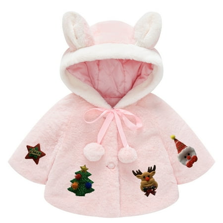 

B91xZ Girls Winter Coats Toddler Kids Girls Rabbit Ears Christmas Cartoon Prints Outwear Warm Hooded Coat Princess Cloak Thin Jackets for Girls Pink 12-24 Months