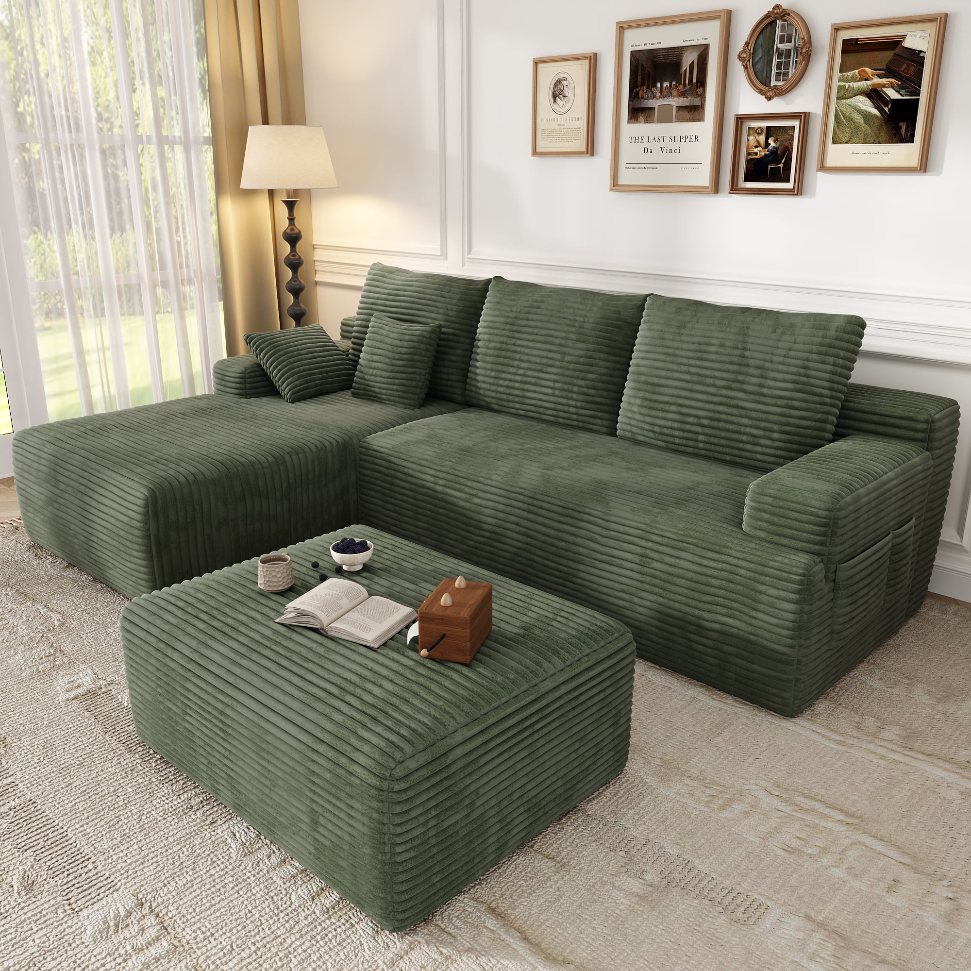 Large Oversized Ottoman Bench for Living Room, Extra Seating & Coffee Table for Sofa, Plush Corduroy Pouf Footrest, No Assembly Needed, Rectangle Floor Ottoman, (Sage Green)