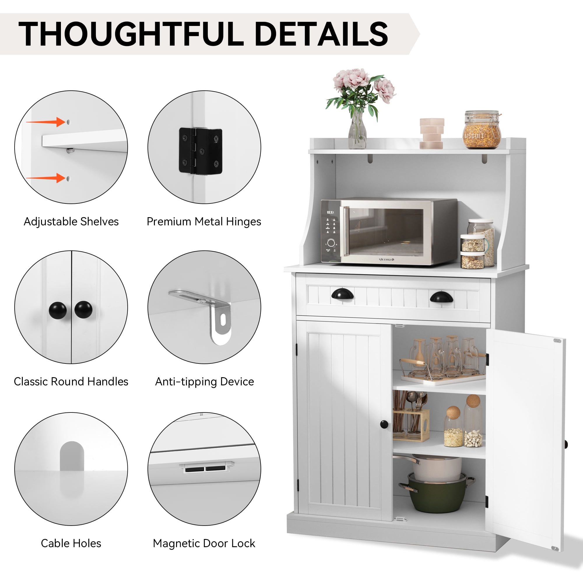 CBJCBJ 54" Kitchen Pantry Cabinet with Door & Shelves, Sideboard Buffet Cabinet with Microwave Stand for Dining Room, White