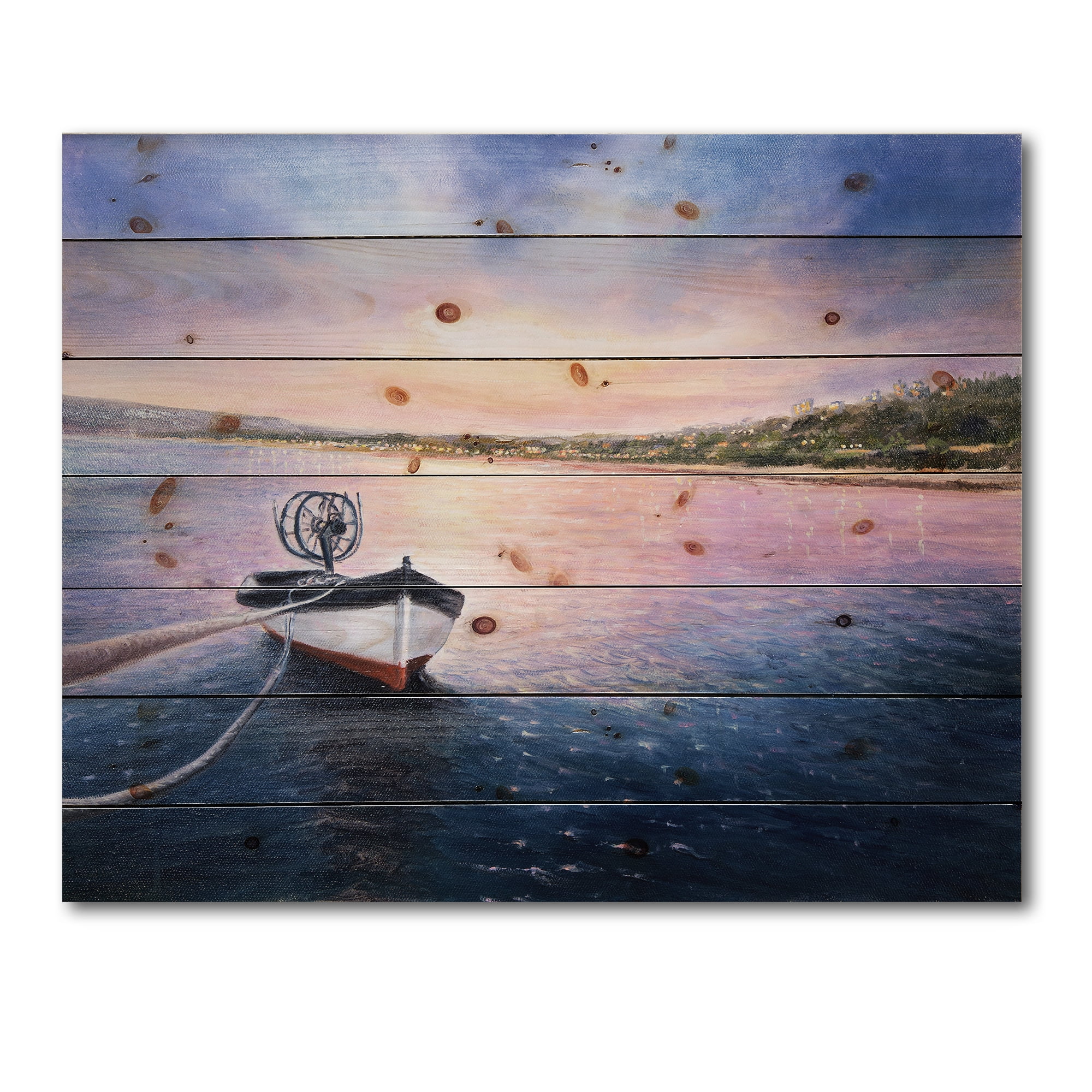 Designart 'VIbrant Sunset Over Fishing Boat By The Shore' Lake House Print on Natural Pine Wood