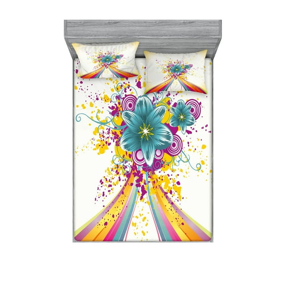 Ambesonne Modern Fitted Sheet & Pillow Sham Set, Rainbow Colored Buds, Queen, Multicolor