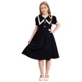 thumbnail image 2 of TSSOE Kids Girls School Uniform Dress Contrasting Trim Collar Puff Sleeve Button Down Summer Casual T-Shirt Dress Black 11-12, 2 of 6