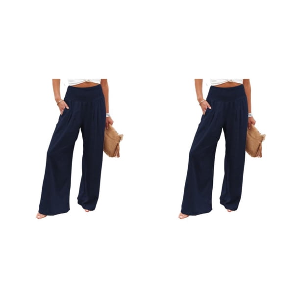 Guardurnaity Señoras Verano Primavera Pantalones Bolsillos Sueltos Pierna ancha Cintura alta Elástico Vintage Moda Negocios Streetwear Dark XL Azul oscuro SG 2Conjunto