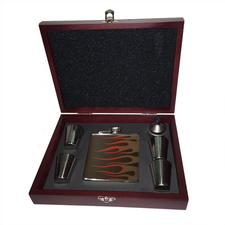 

KuzmarK 6 oz. Leather Flask Set in Rose Wood Presentation Box - Hot Rod Cool Fire