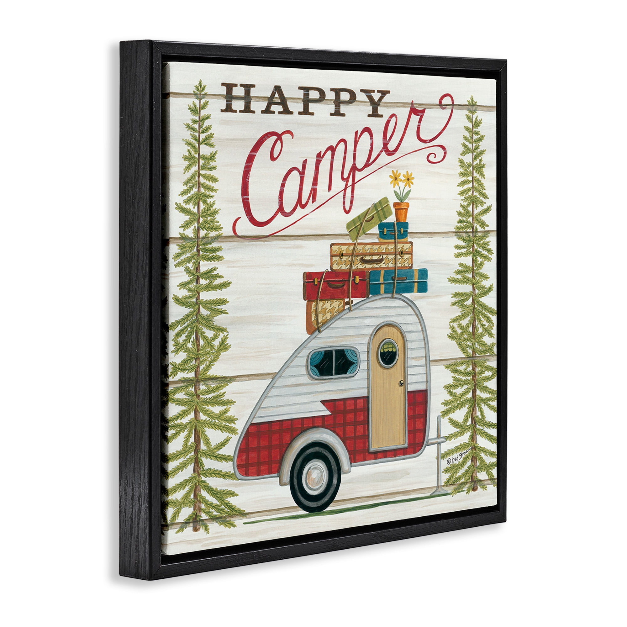 Stupell Industries Rustic Happy Camper Phrase Typography Painting Black Floater Framed Canvas Art Print Wall Art, 18 x 18
