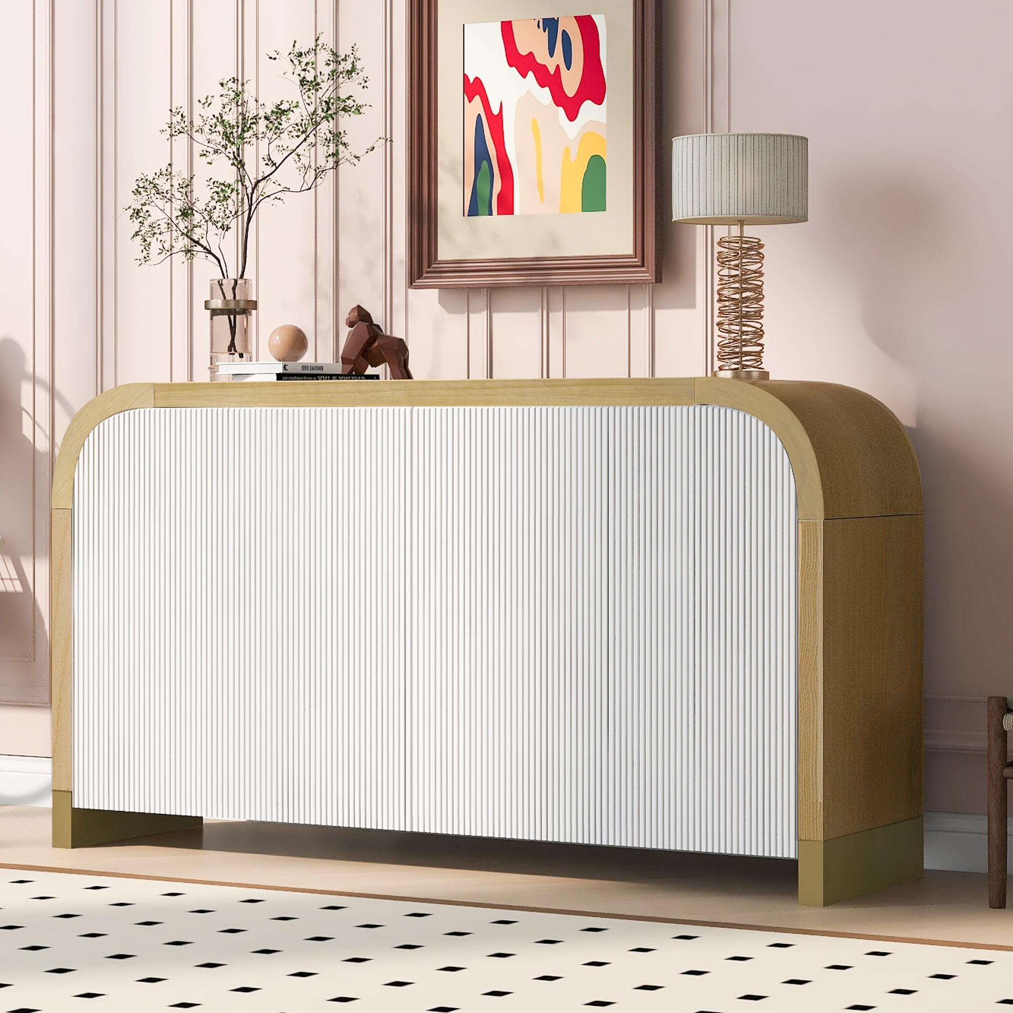 Lunale Modern Storage Sideboard, Curved Corner Design Wavy Door Panel Cabinet with Adjustable Shelves, White
