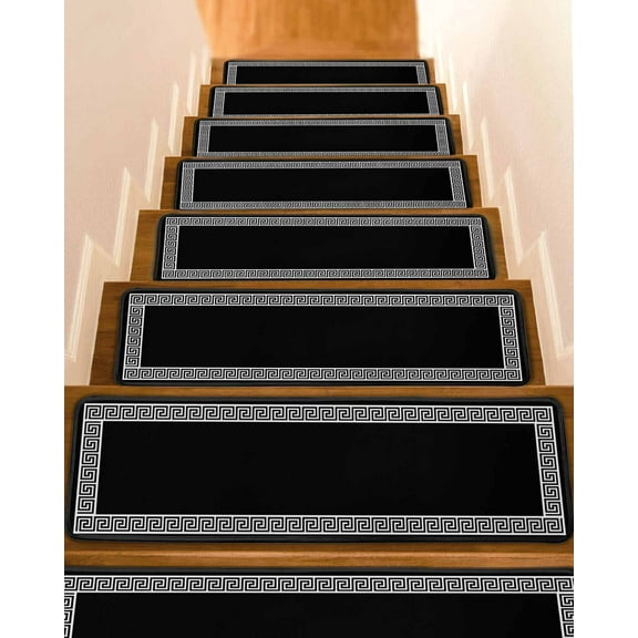 Black Stair Treads for Wooden Steps Indoor Runner Rug Carpet, Modern Geometric Abstract Art Aesthetics 4 Pieces Peel and Stick Staircase Step Treads Covers Washable Throw Door Mats, 30"x8"