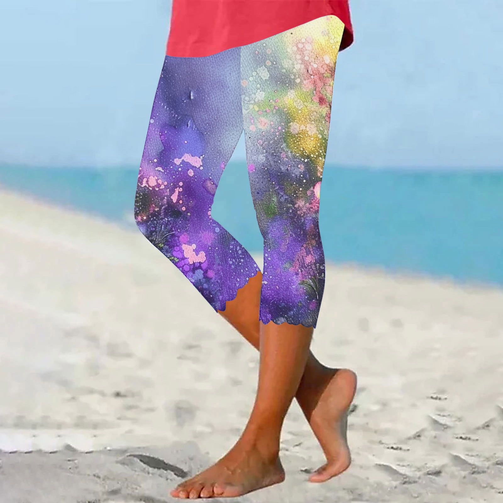 JURANMO Casual Leggings for Women Comfy Soft Milk Silk Capri Legging High Waist Boho Printed Yoga Pants High Waist Slim Fit Stretch Yoga Pants Deals