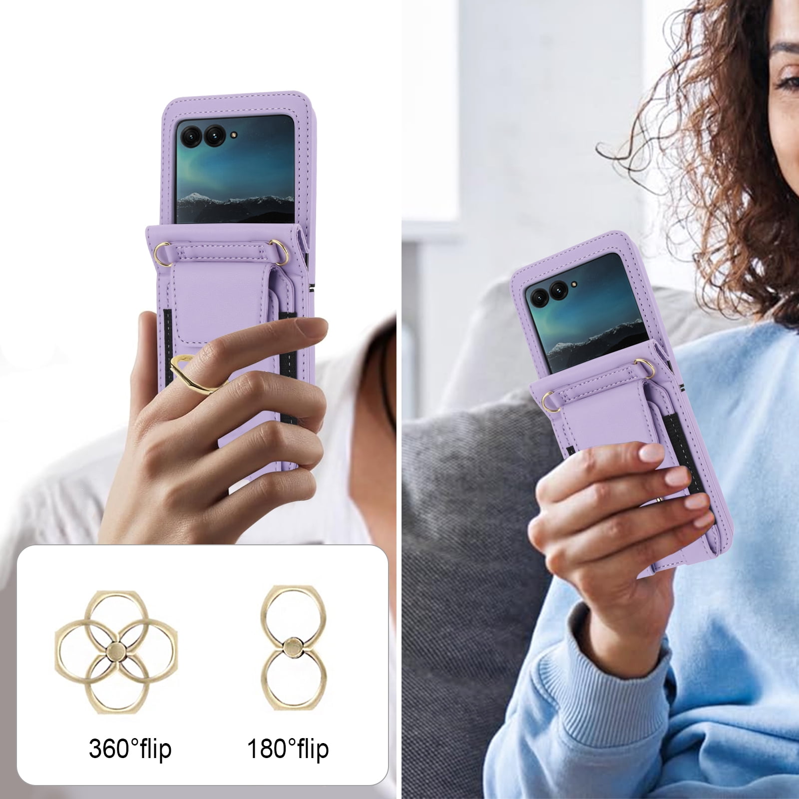 for Motorola Razr 2024 Case, Retro PU Leather Shockproof Protection Phone Case Wallet Built in Credit Card Slots Flip Cover Finger Ring Stand with Long Strap + Short Strap, Purple