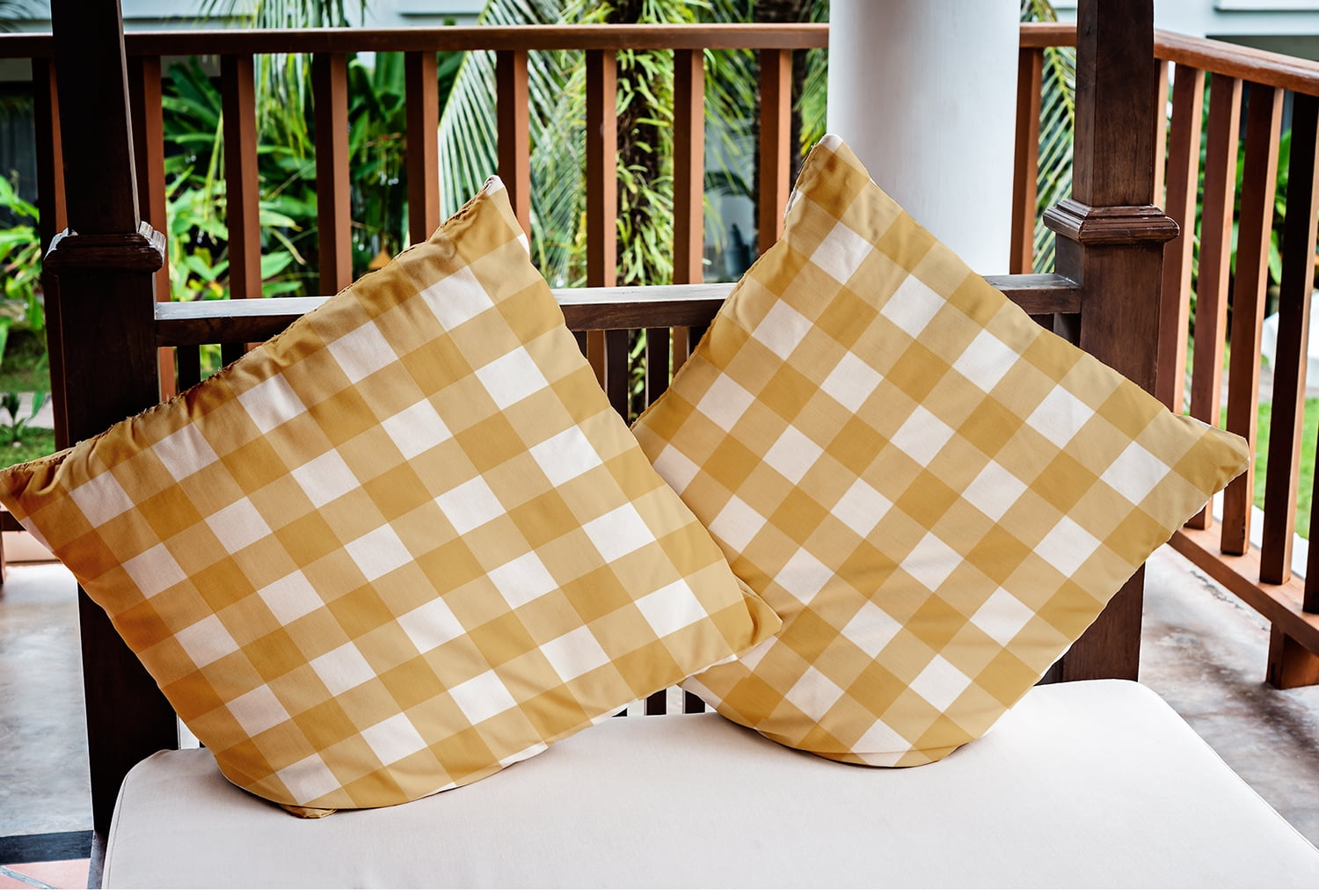16" x 16" Simply Daisy Gingham Plaid Polyester Indoor/Outdoor Pillow, Golden Mustard Qty 1
