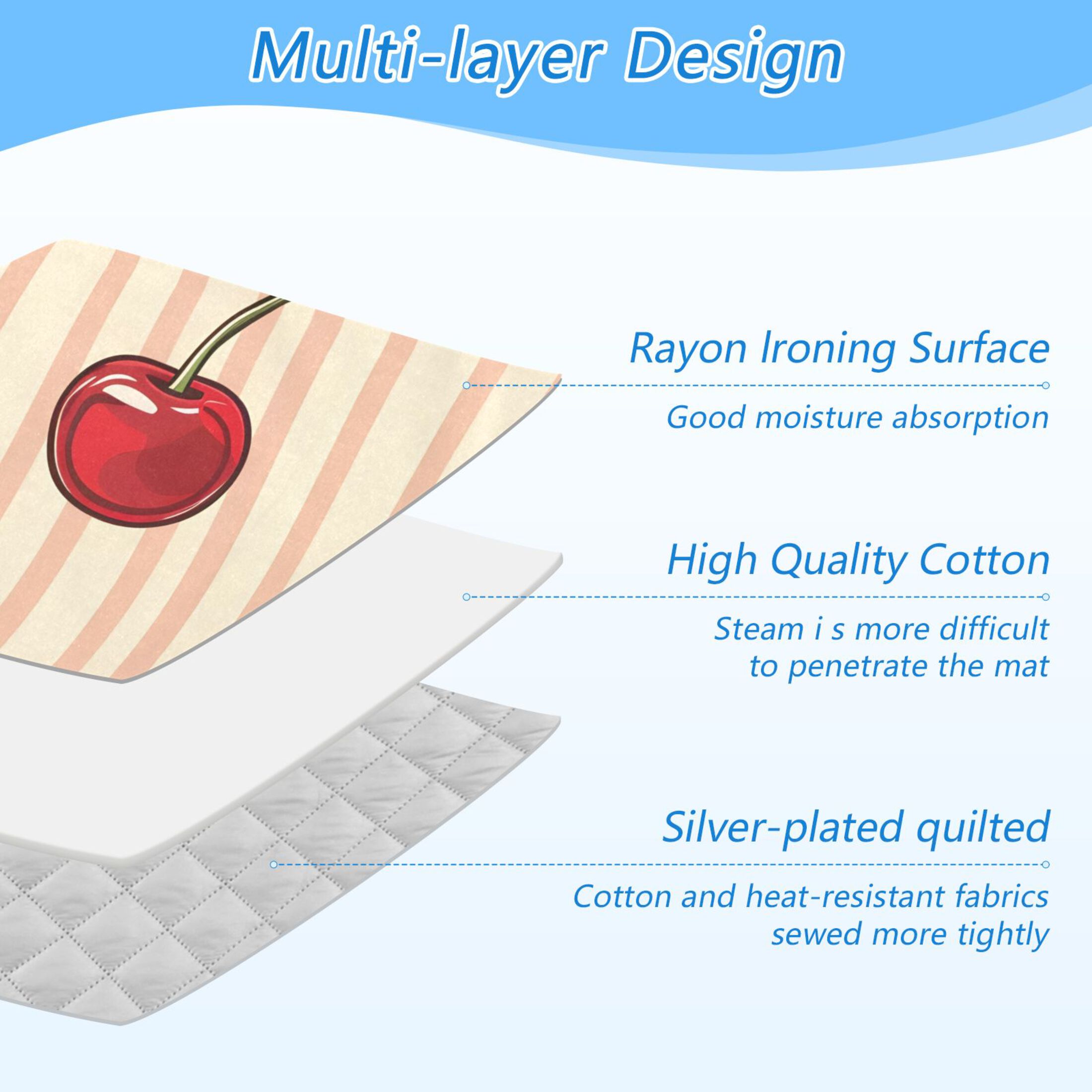 Cherries Leaves Vertical Stripes Ironing Mat Blanket Portable Travel Ironing Pad Heat Resistant Pad 47.2" x 27.6”