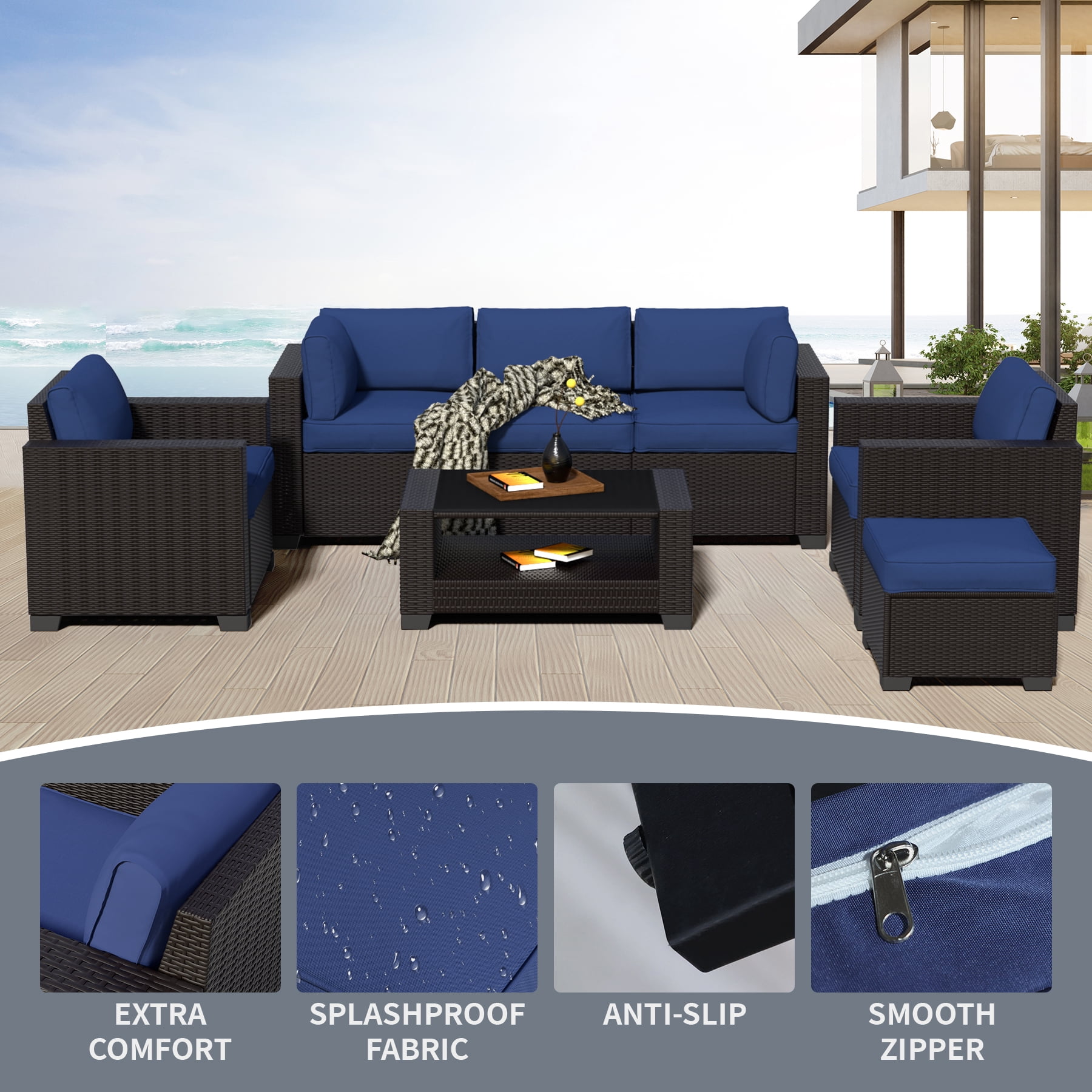 7-Piece Outdoor Sectional Patio Furniture Set, All-Weather Wicker Rattan Sofa with Thick Washable Cushions & Tempered Glass Table, Perfect for Garden, Poolside, Backyard (Navy blue)