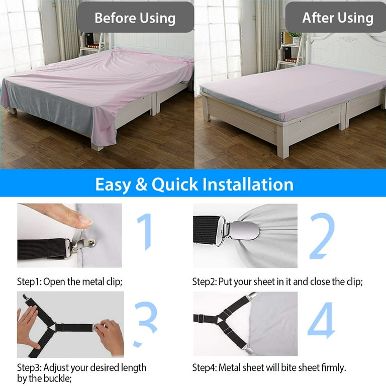 4 PCS Adjustable Bed Sheet Holder Straps Fasteners Elastic Suspenders  Gripper Holder Straps Clip for Bed Sheets Mattress Covers