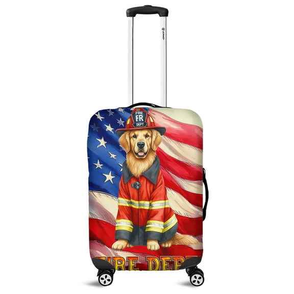 Firefighter Golden Retriever Hero Rescue Fire Dept Fireman USA Flag Travel Luggage Cover Goldens Dog Lover Gifts Idea Suitcase Dust Protective Decor - 02026