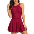 thumbnail image 2 of GEWSEY Women One Piece Swim Dress Tummy Control Swimdress Swimsuit Bathing Suit High Neck Mesh Swimwear (Red, M), 2 of 7