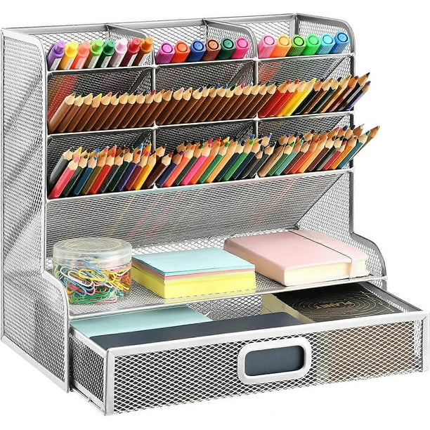 Mesh Desk Organizer, Multi-Functional Pen Holder, Pen Organizer for Desk, Desktop Stationary Organizer(Silver Mesh Pen Holder with Drawer)