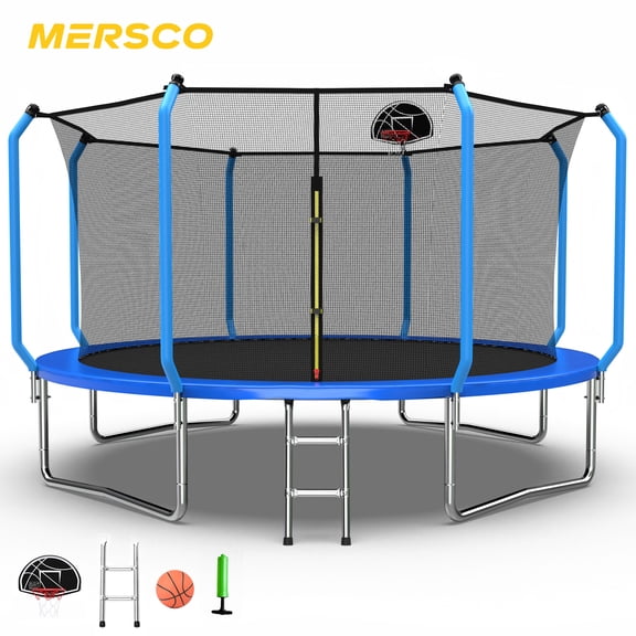 Mersco 14FT Kids Trampoline, ASTM Certified Heavy Duty Outdoor Trampoline with Safety Enclosure Net Basketball Hoop and Ladder for Backyard Family Fun, Trampoline SUPER