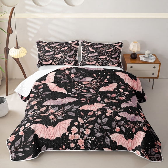 Homewish Halloween Pink Bat Twin Quilt Set,Floral Vine Print Twin Coverlet Set,Black Blush,2-Piece