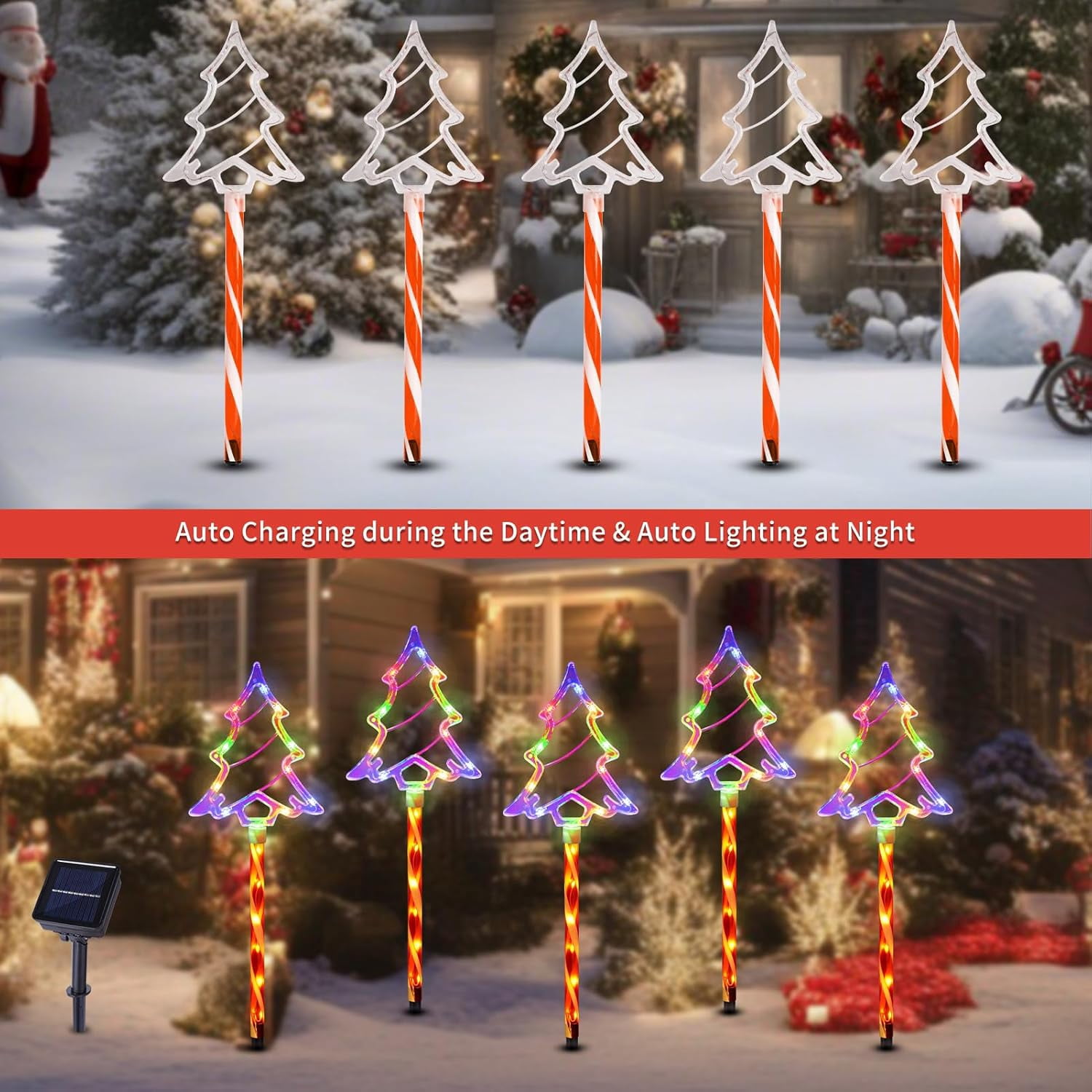 Christmas Solar Pathway Lights Outdoor Decorations, 8 Modes Xmas Tree Candy Lights Waterproof Led Garden Stake Light for Walkway Yard Lawn Porch Holiday Decor 5-Pack