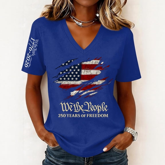 250 Anniversary USA V Neck Shirt for Women 250th Birthday Patriotic American Flag T-Shirt