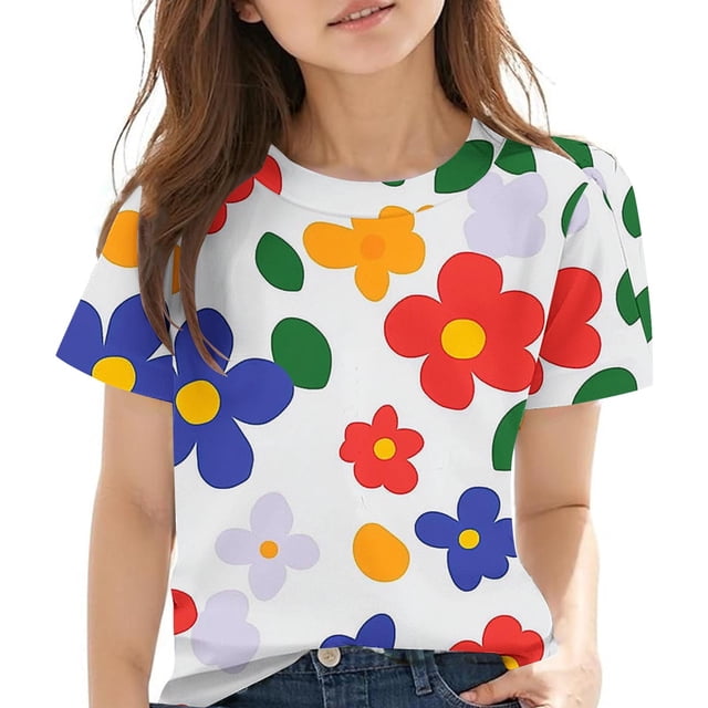 Zpanxa Girls Summer Shirts Print Short Sleeve T Shirt Round Neck Tee With Polyester Spandex 13 Years