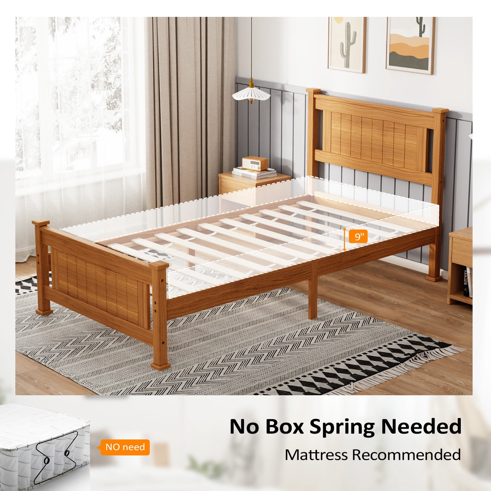 Zimtown Twin Bed Frame,Solid Pine Wood Platform Bed Frame, Bedroom Bed with Headboard, Brown