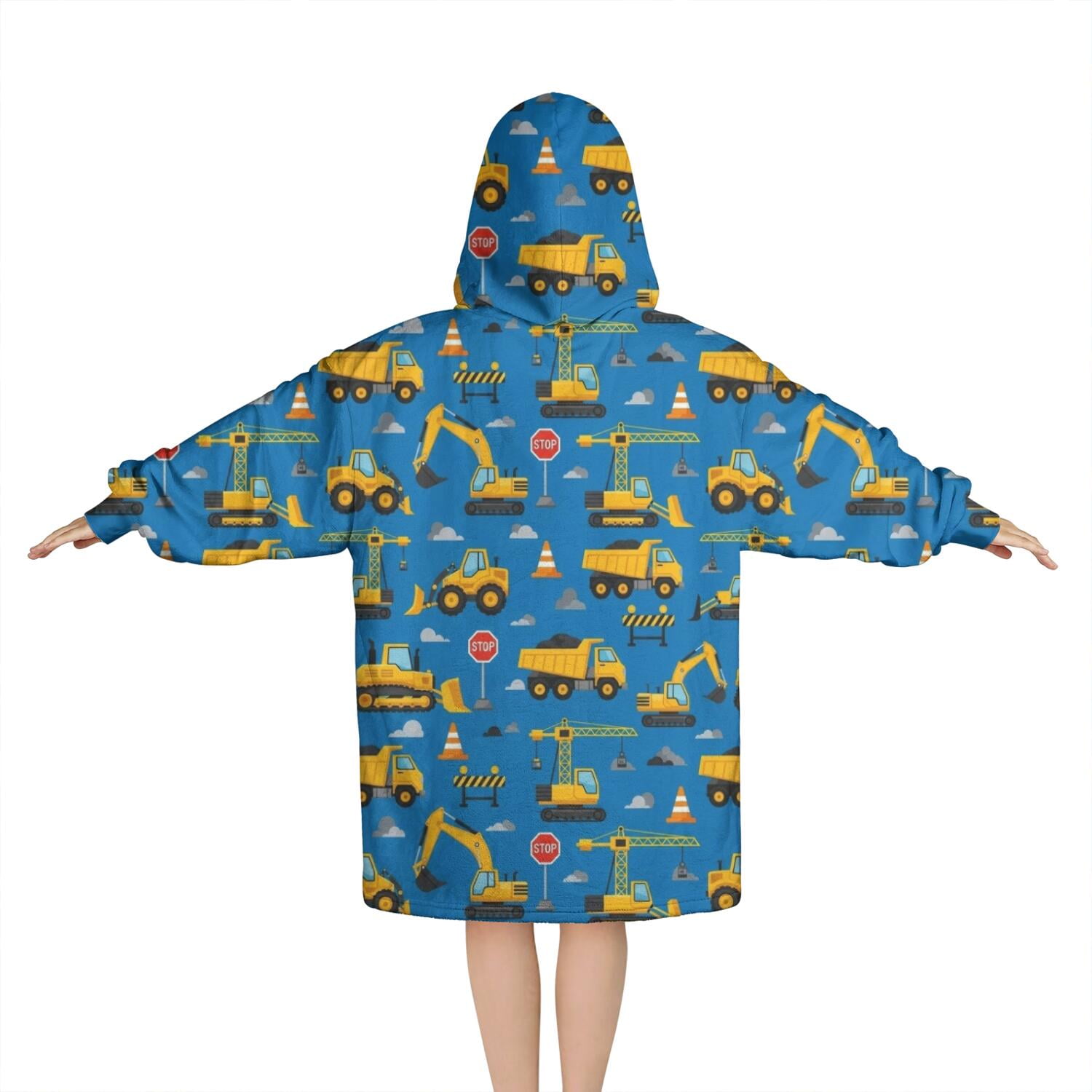 Cartoon Construction Vehicles Barriers Blue Pattern Blanket Hoodies for Kids 6-13YR Oversize Wearable Blanket Hoodies for Boys Girls Teens