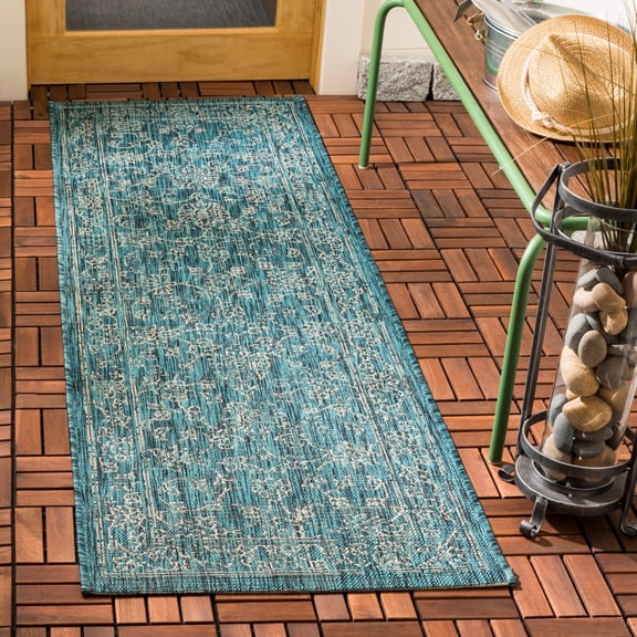 SAFAVIEH Courtyard Darin Botanical Indoor/Outdoor Runner Rug, Turquoise, 2'3" x 5'